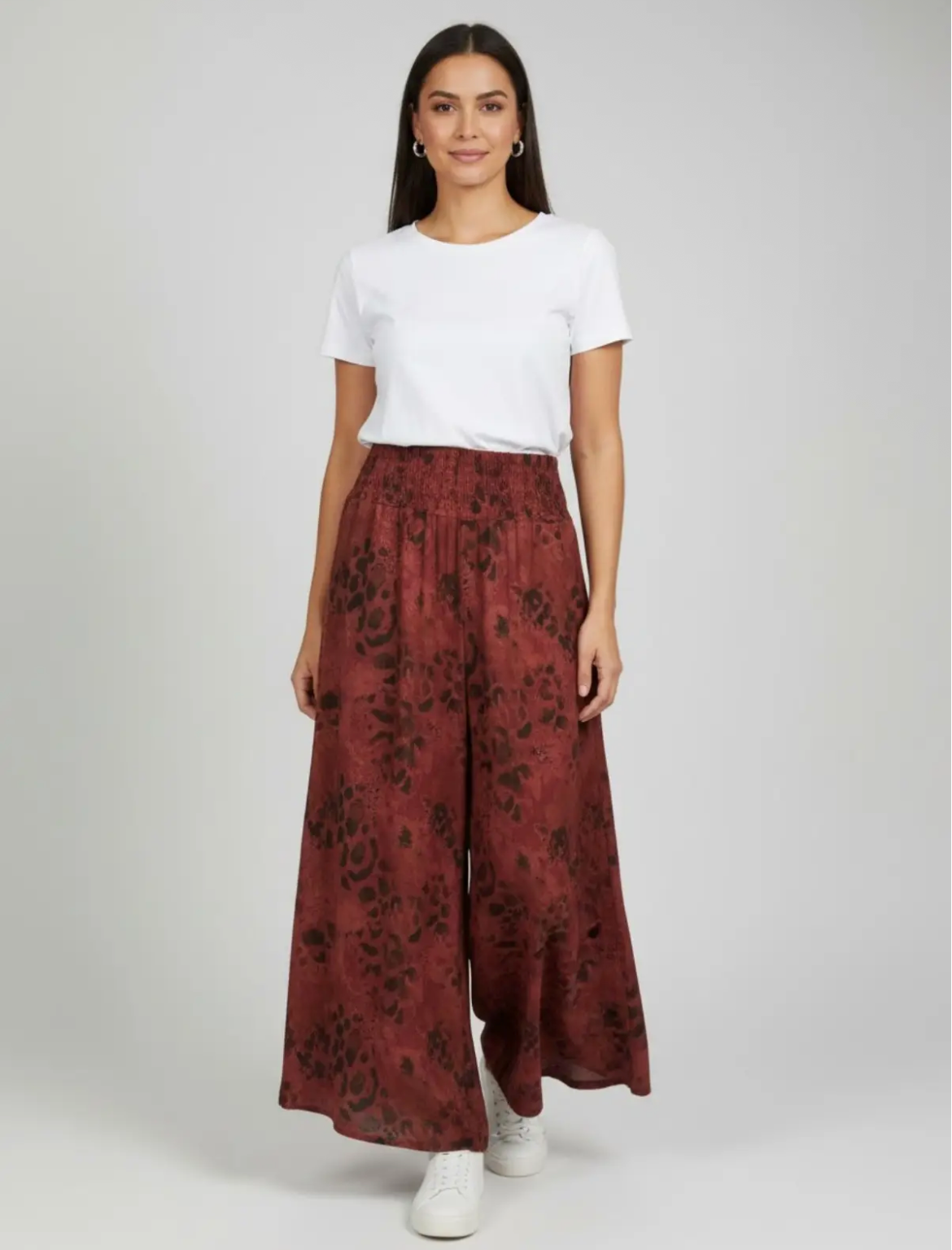 Burgundy One Size Floaty Animal Print Wide Trouser