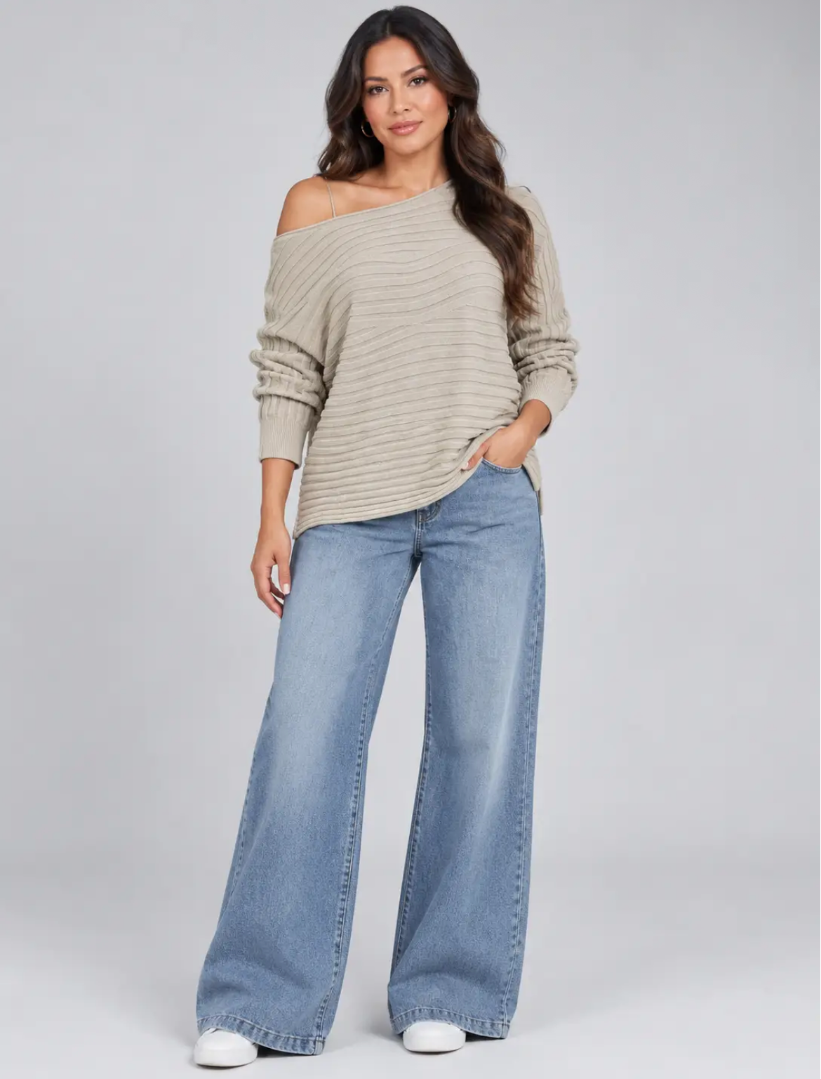 Super Soft One Size off the Shoulder Ribbed Knit Beige