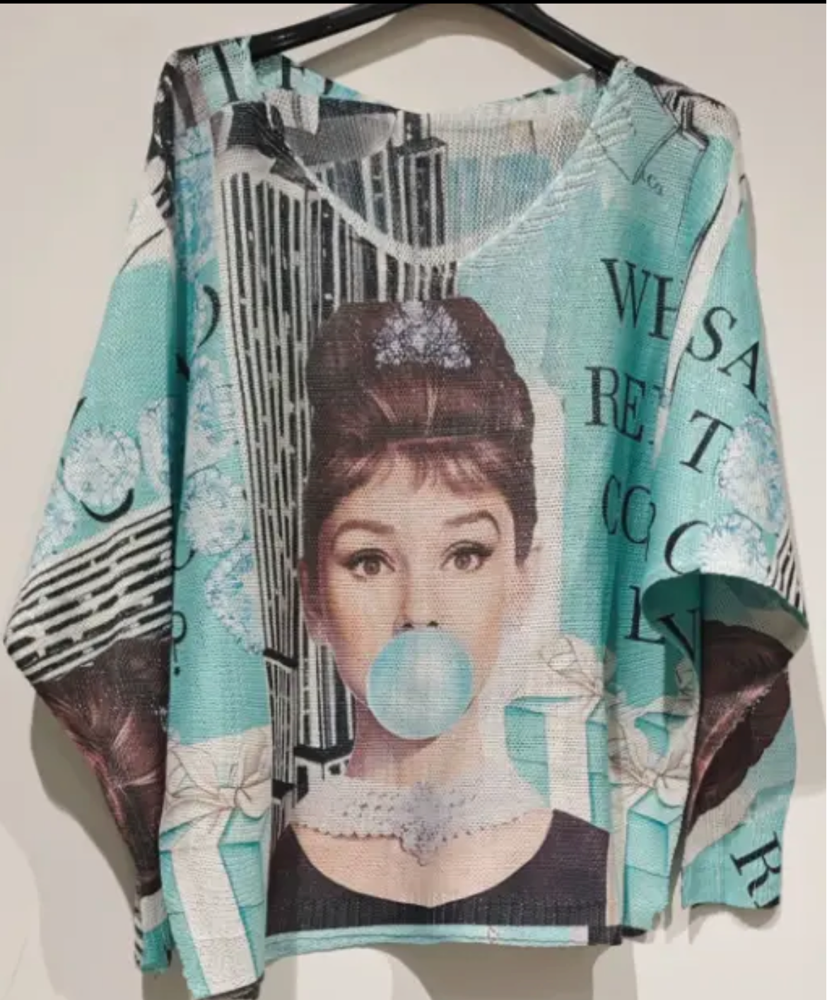 Blue Bubble Gum V-Neck Knit Printed Sweater