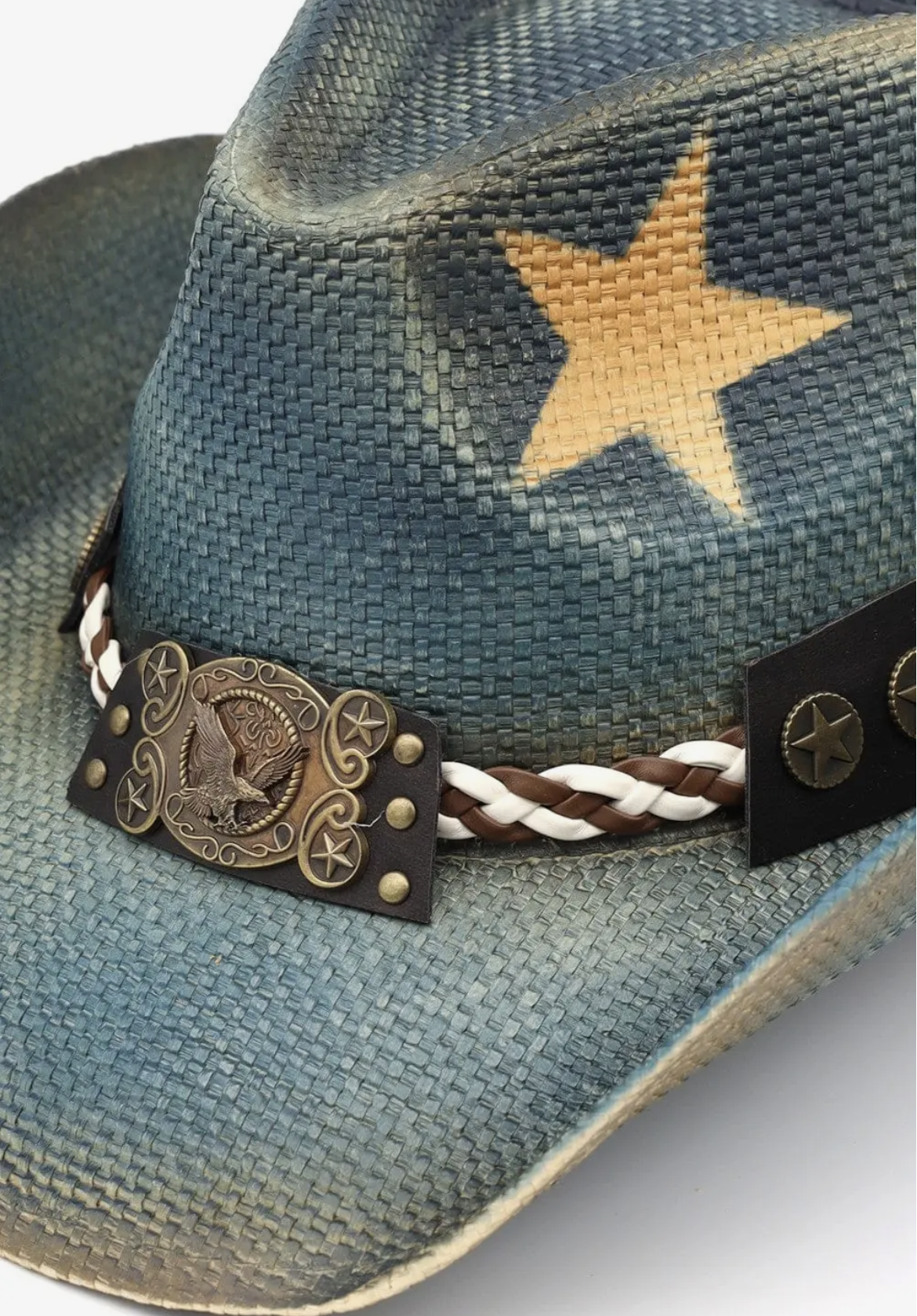 Distressed Cowboy Hat with Brass Eagle Buckle