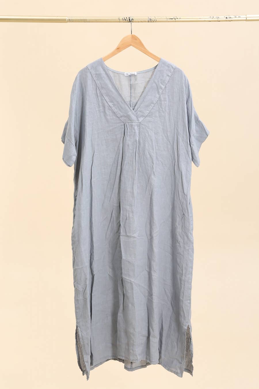 Long dress v-neck 62733 100% linen: Mustard