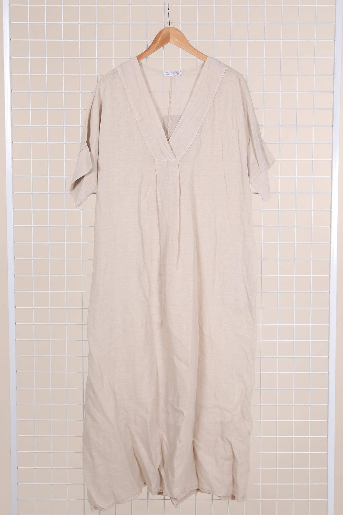 Long dress v-neck 62733 100% linen: Mustard