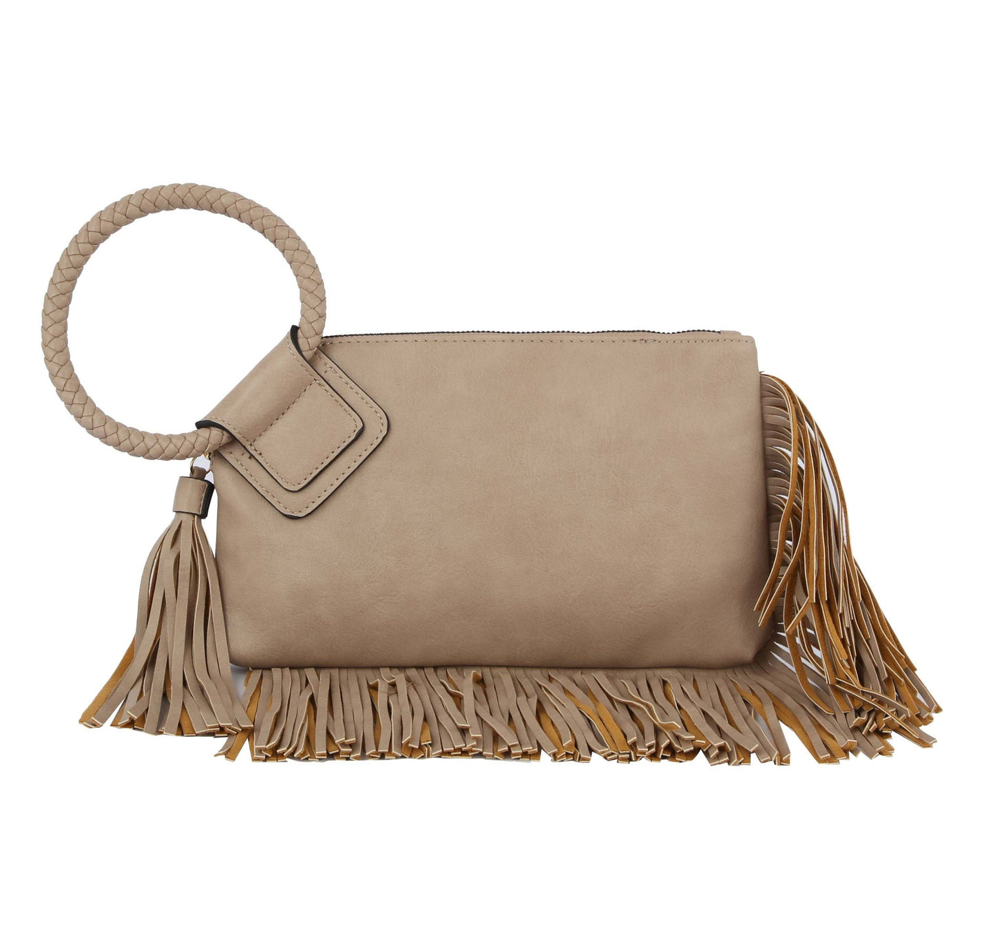 Fringe Soft Vegan Leather Wristlet/Clutch: Taupe