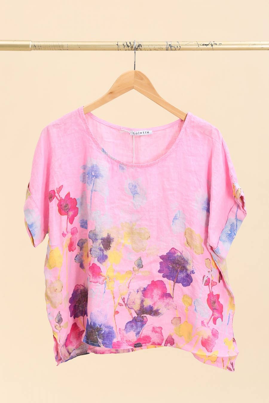 Round neck printed linen T-shirt 23310 100% LINEN: Tobacco