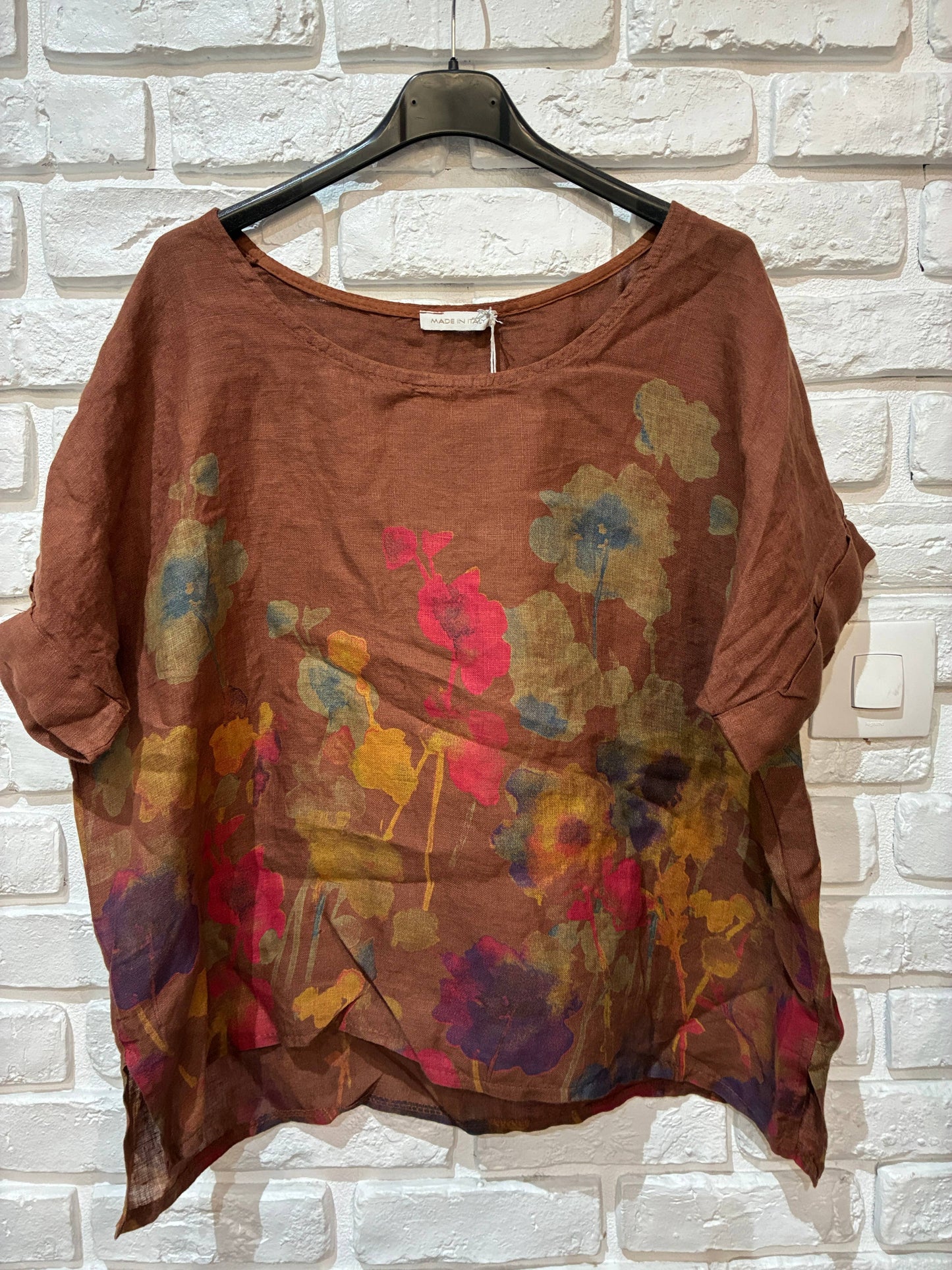 Round neck printed linen T-shirt 23310 100% LINEN: Tobacco