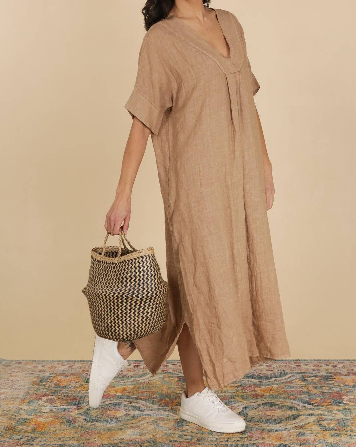 Long dress v-neck 62733 100% linen: Mustard