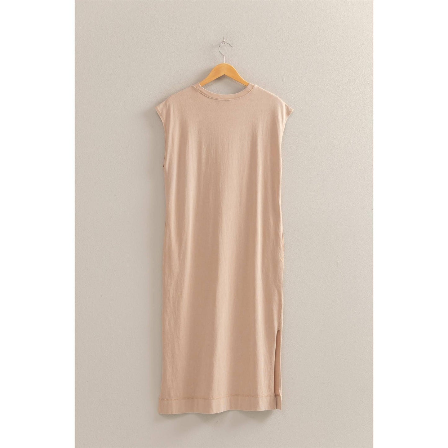 Casual Sleeveless Midi Dress With Pockets Beige