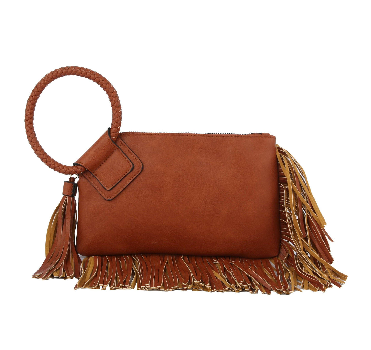 Fringe Soft Vegan Leather Wristlet/Clutch: Brown