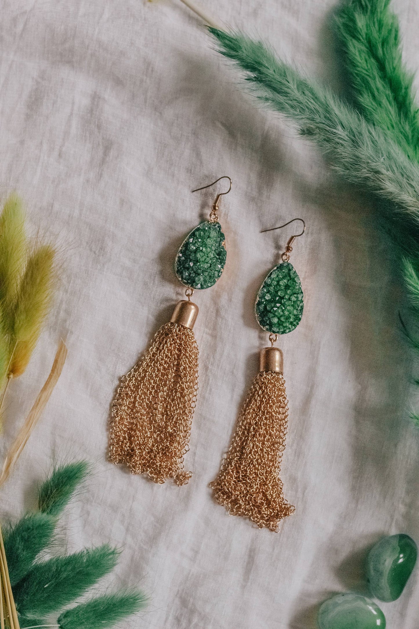 Gold Tone Green Crystal Statement Chain Drop Earrings