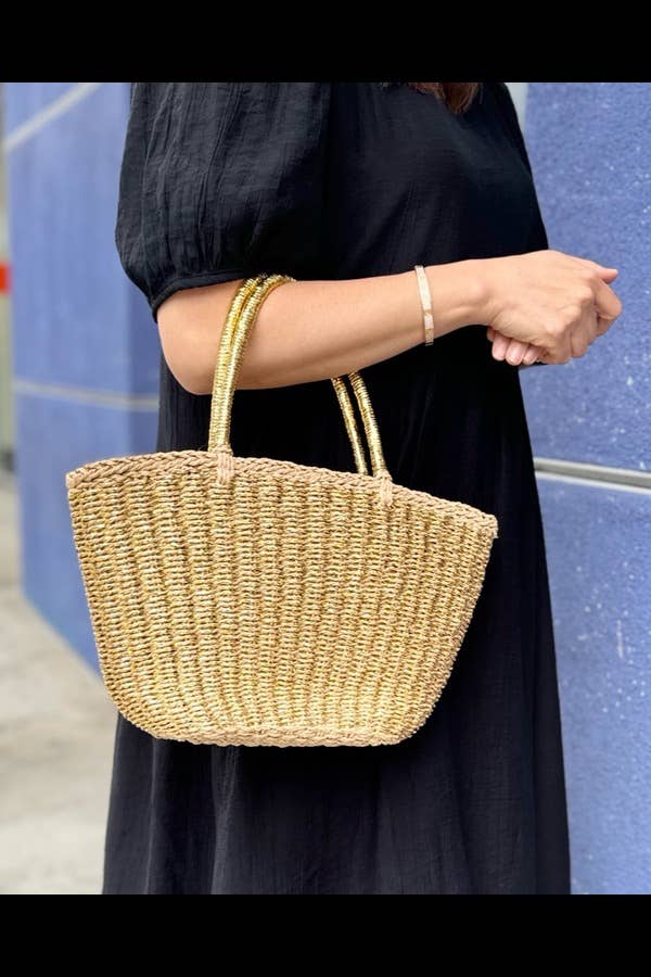 Faux Straw Sunshine Tote: Gold
