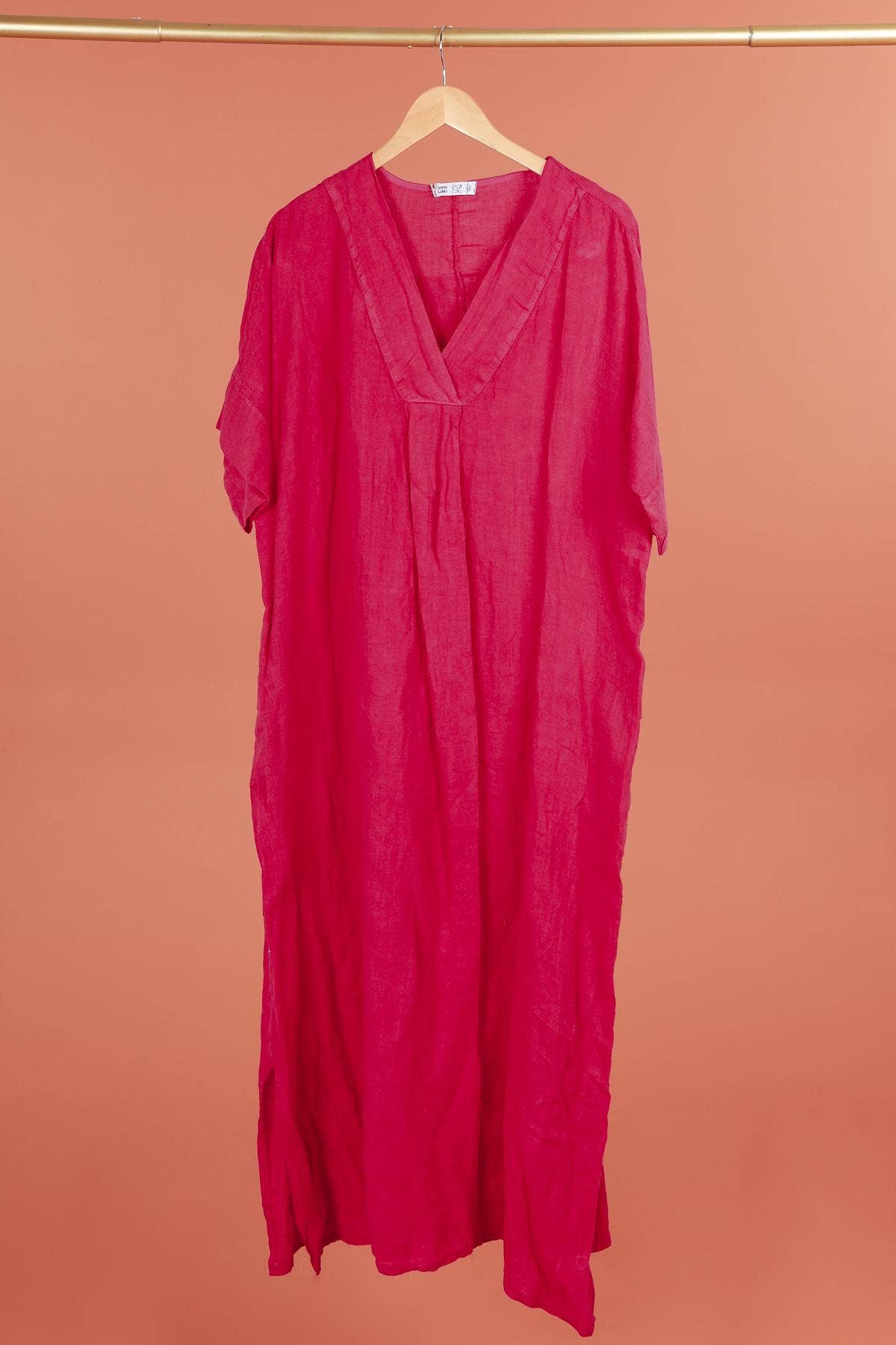 Long dress v-neck 62733 100% linen: Mustard