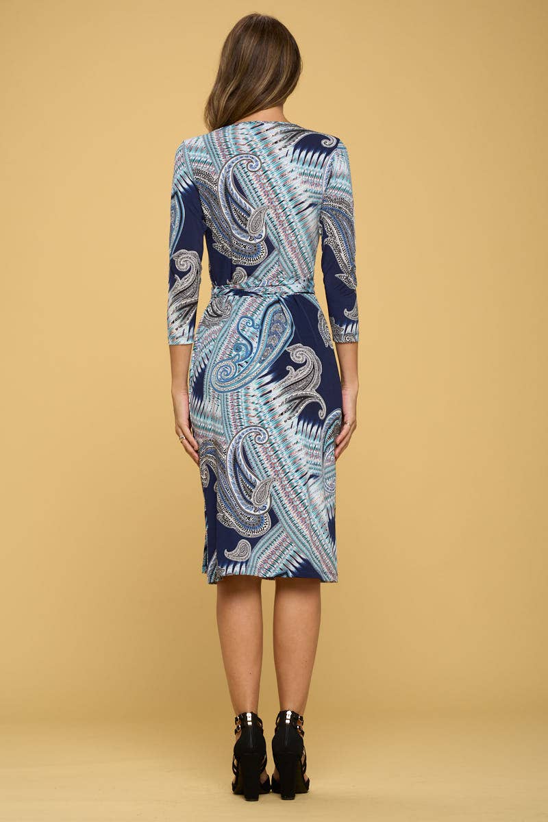 Made in USA Print V neck Wrap Dress with Tie: NAVY