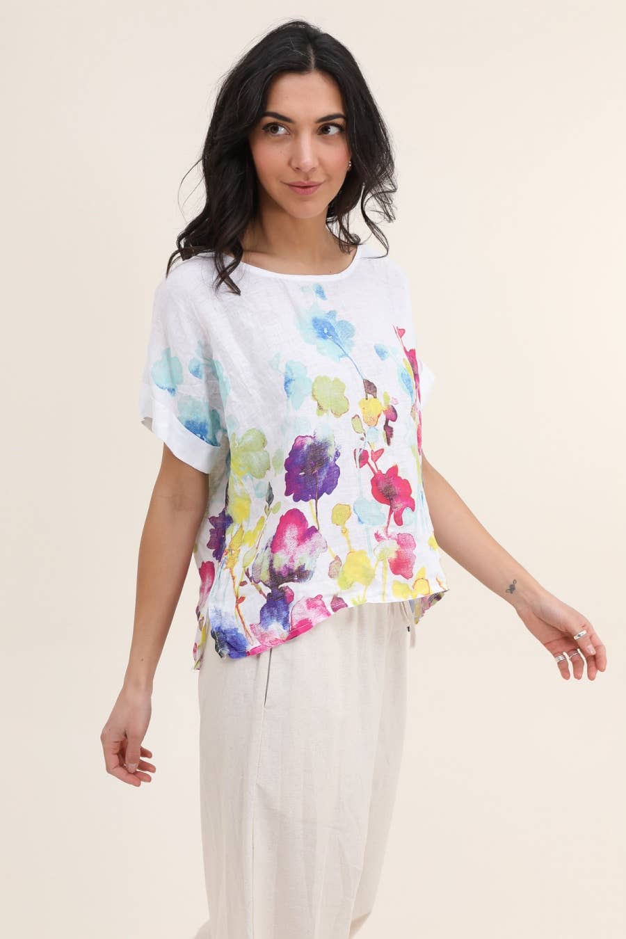 Round neck printed linen T-shirt 23310 100% LINEN: Mole