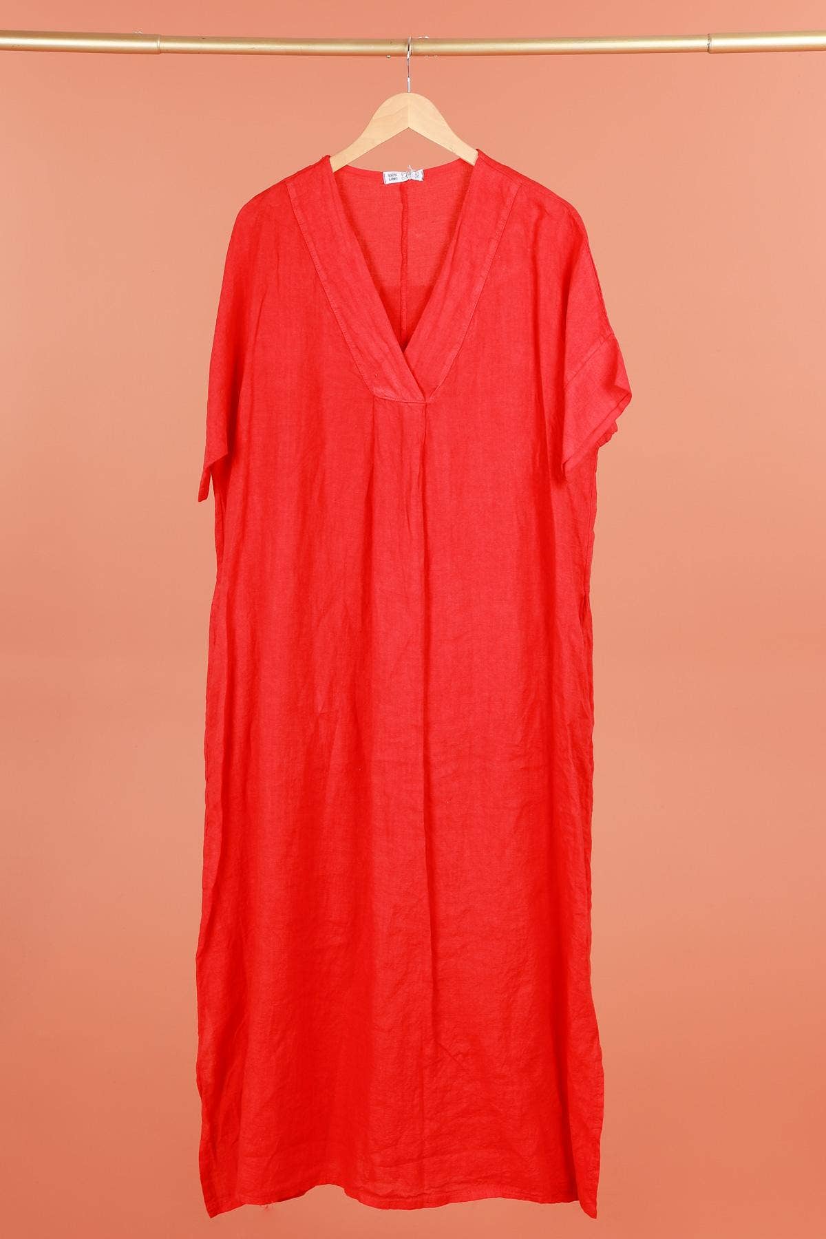 Long dress v-neck 62733 100% linen: Mustard