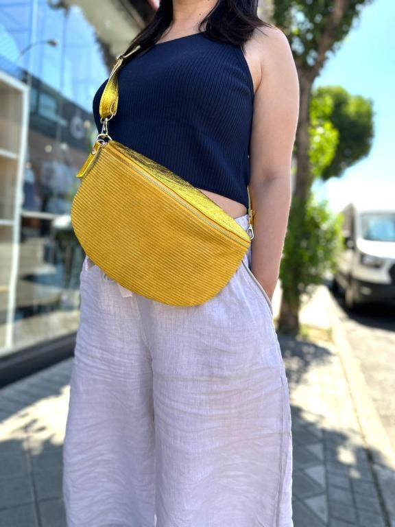 Large Suede and Leather Waist Bag: Yellow