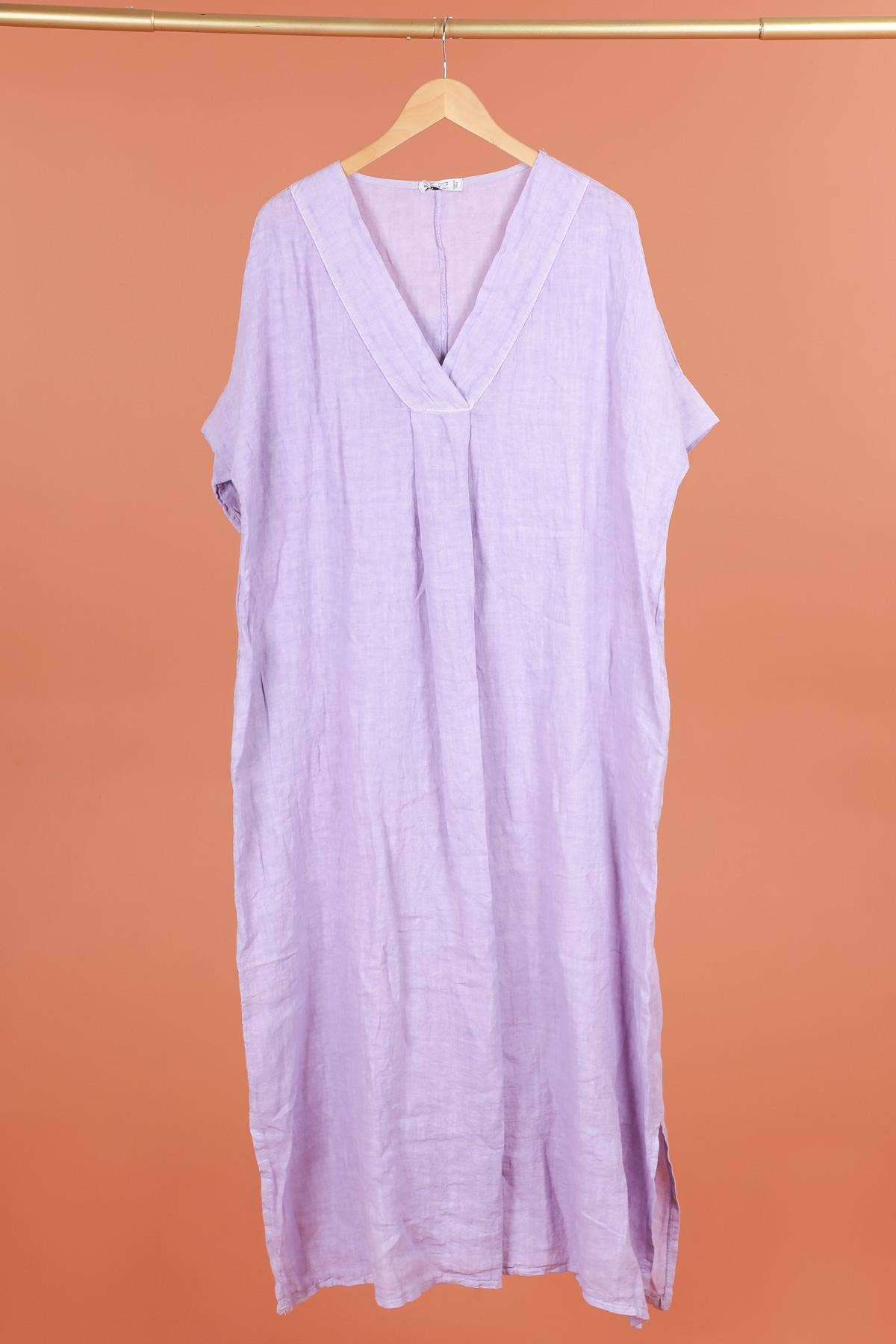 Long dress v-neck 62733 100% linen: Mustard