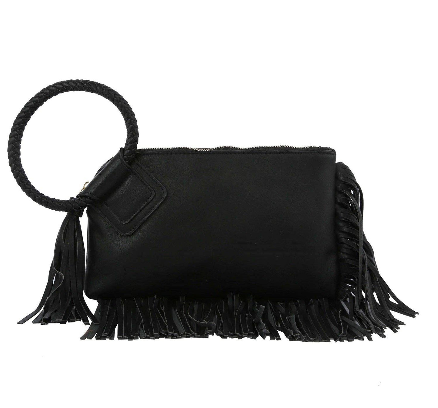 Fringe Soft Vegan Leather Wristlet/Clutch: Black