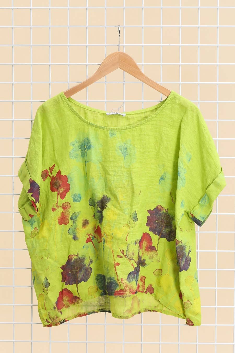 Round neck printed linen T-shirt 23310 100% LINEN: Tobacco