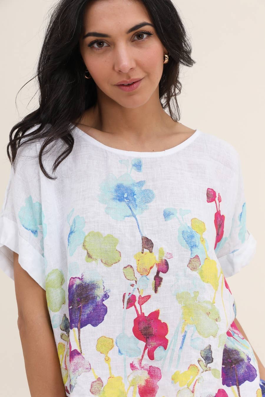 Round neck printed linen T-shirt 23310 100% LINEN: Tobacco