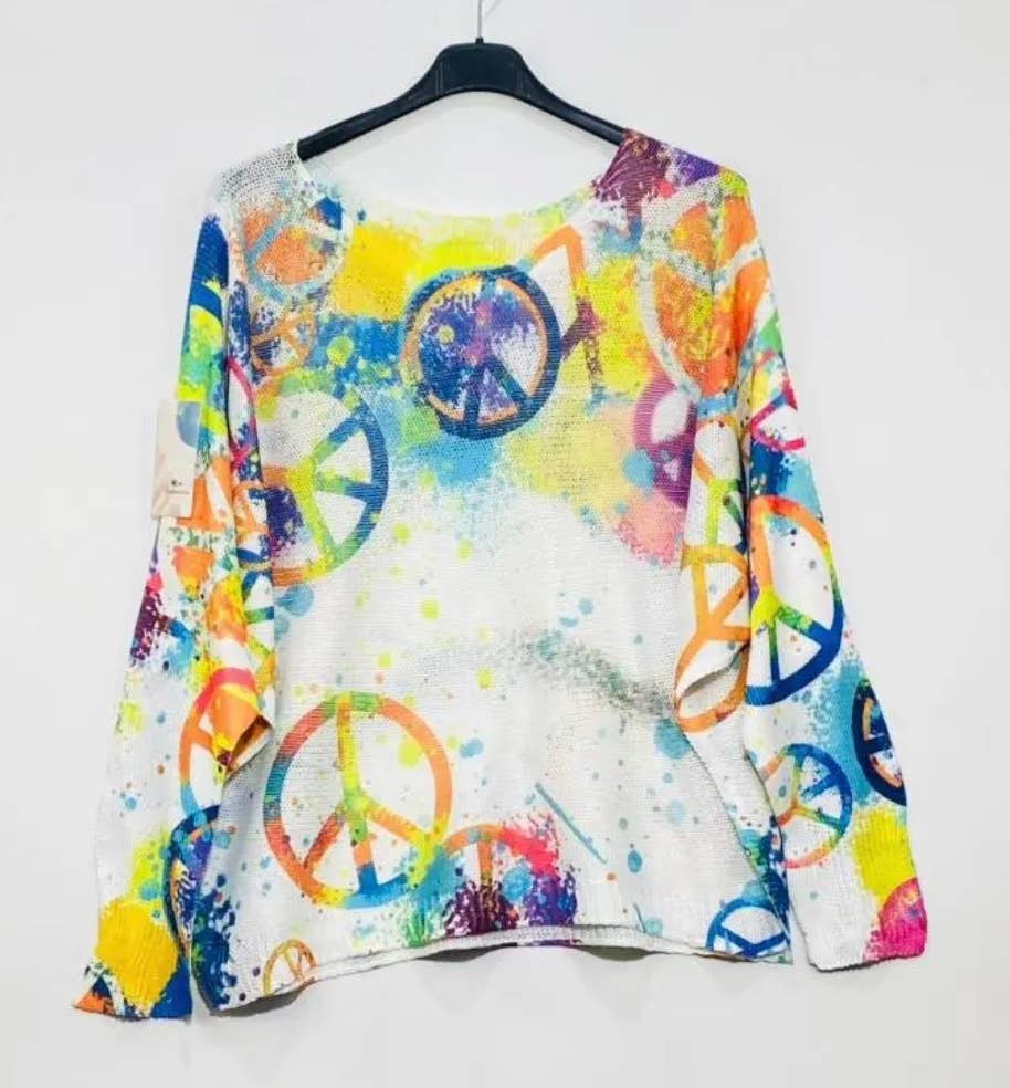 Made in Italy White Peace & Love Knit Printed Sweater