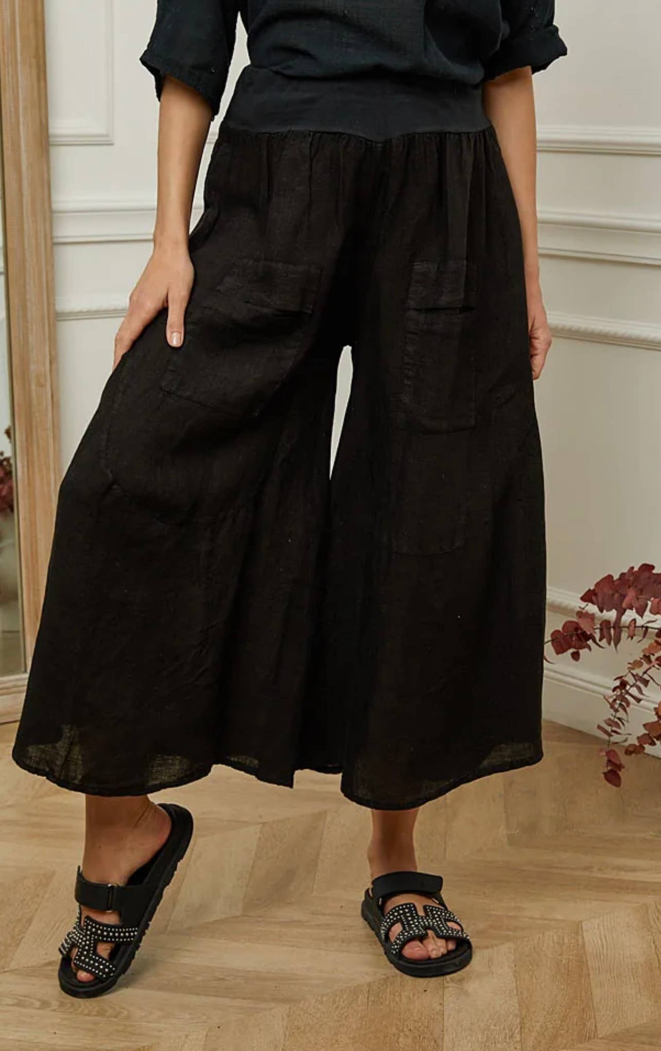 100% linen trousers- Black, Unique