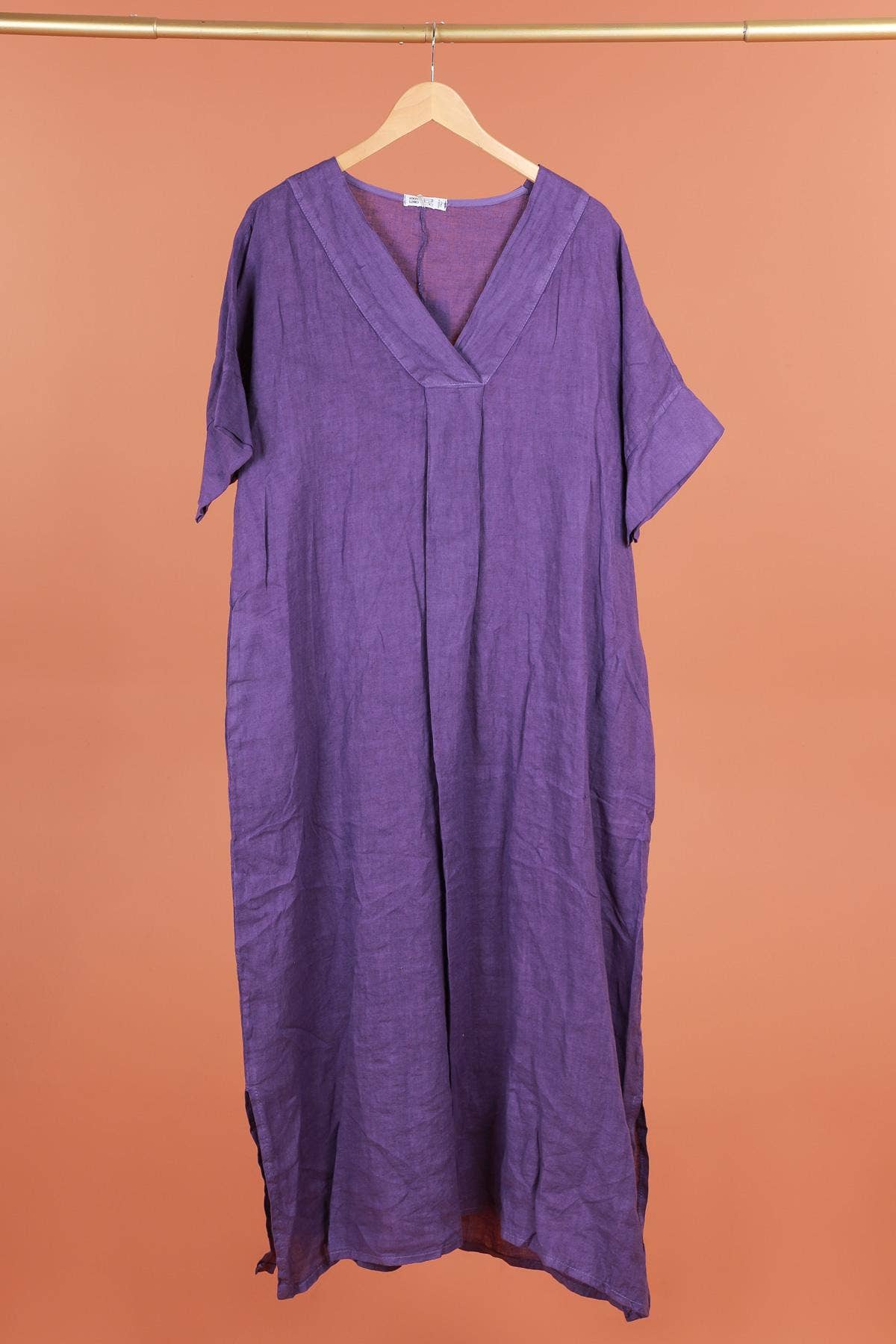 Long dress v-neck 62733 100% linen: Mustard