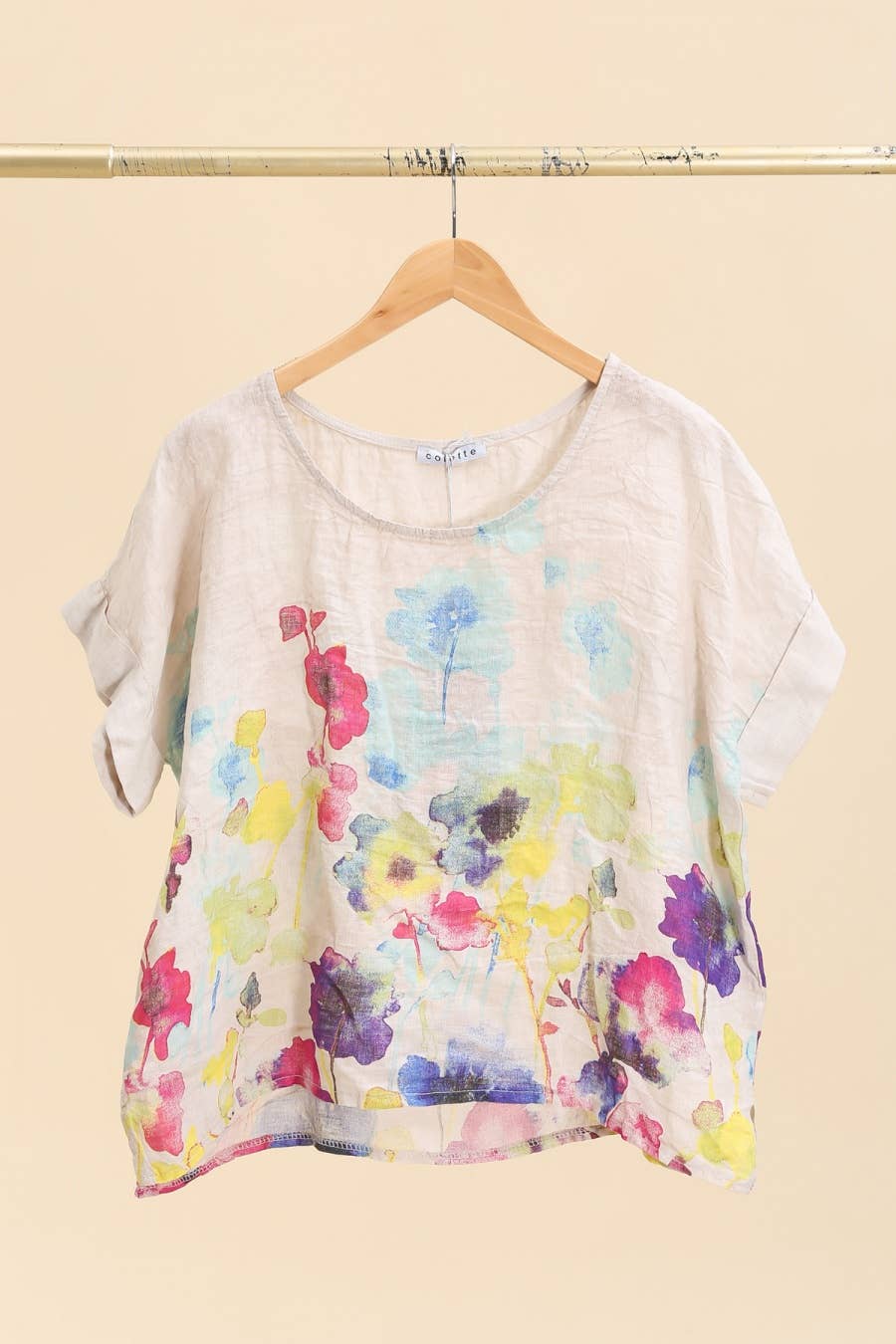 Round neck printed linen T-shirt 23310 100% LINEN: Tobacco