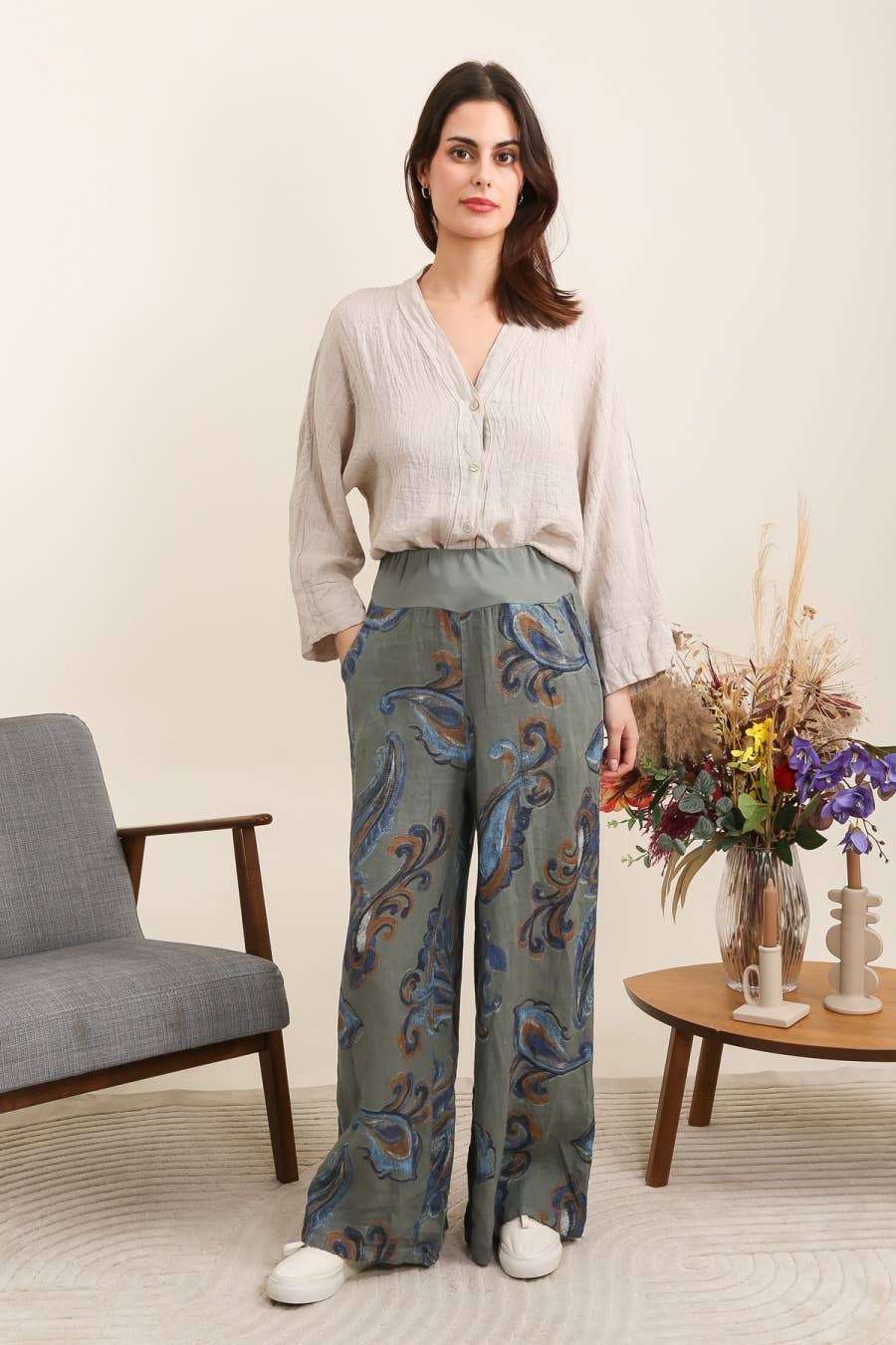 Printed linen trousers 6526 100% LINEN: Apple green