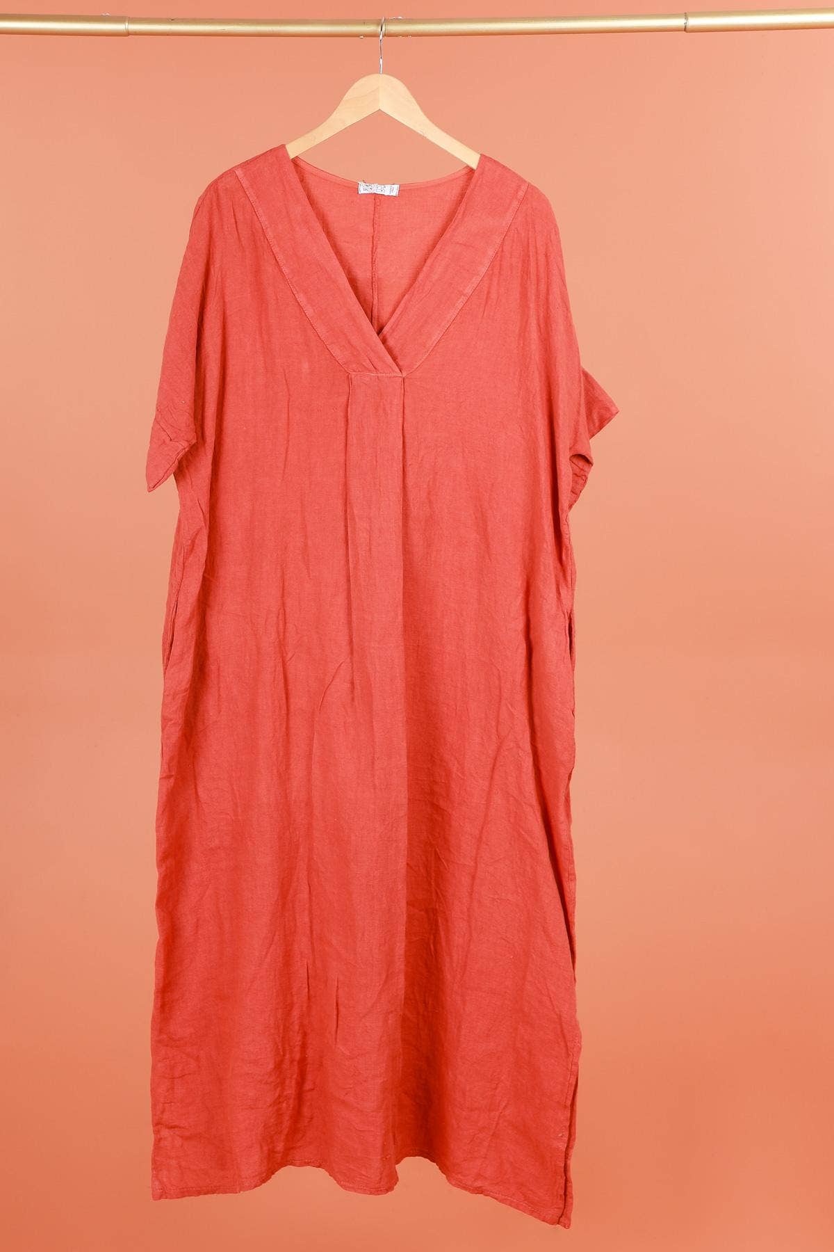 Long dress v-neck 62733 100% linen: Mustard
