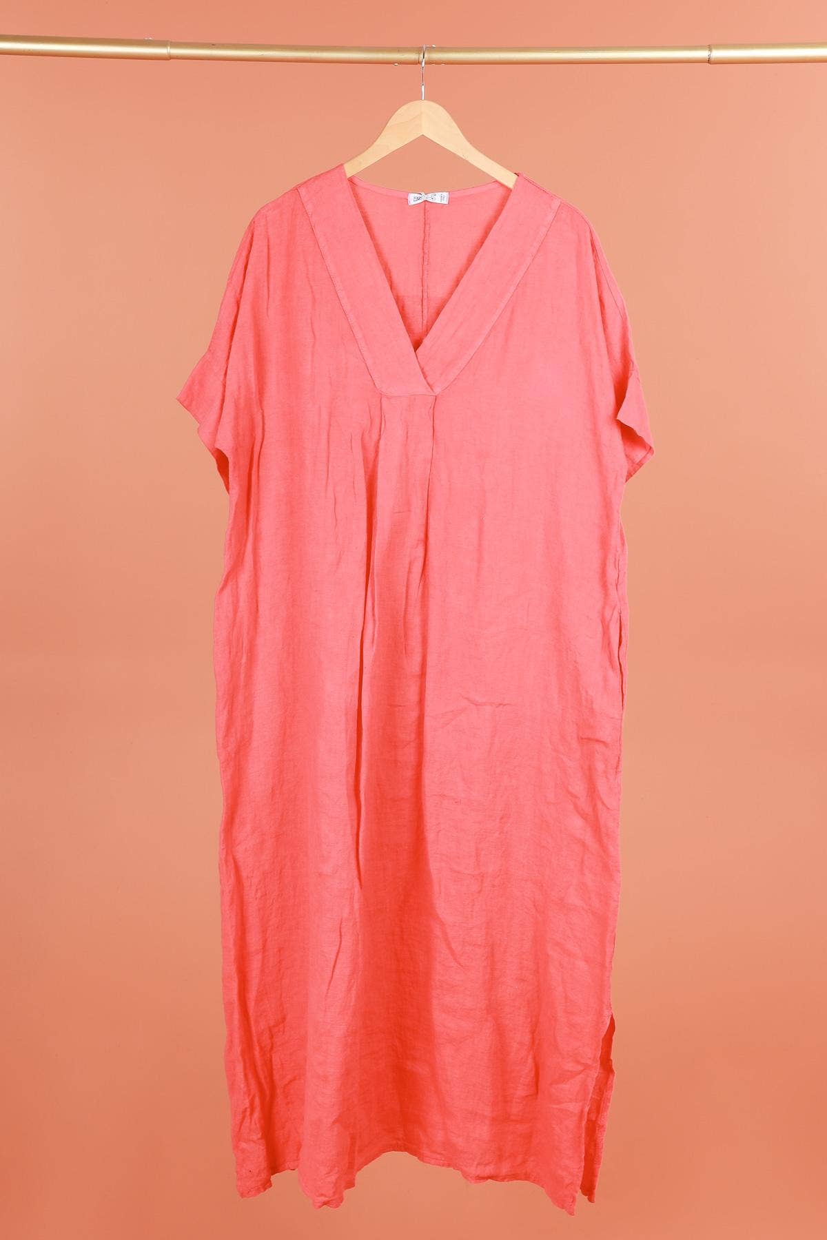 Long dress v-neck 62733 100% linen: Mustard