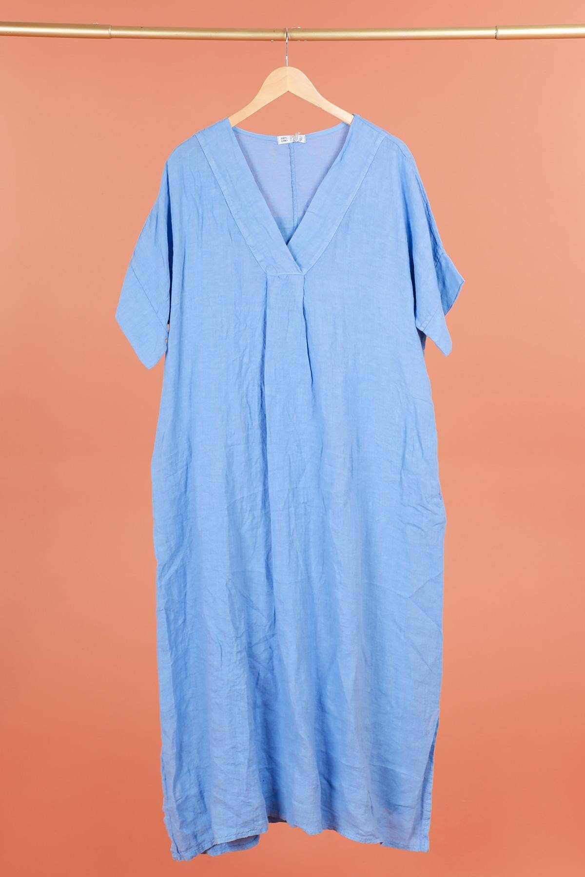 Long dress v-neck 62733 100% linen: Mustard