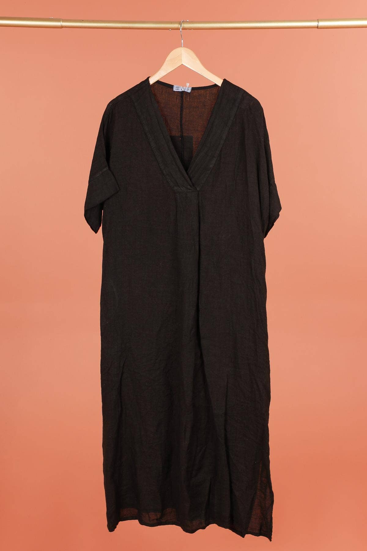 Long dress v-neck 62733 100% linen: Mustard