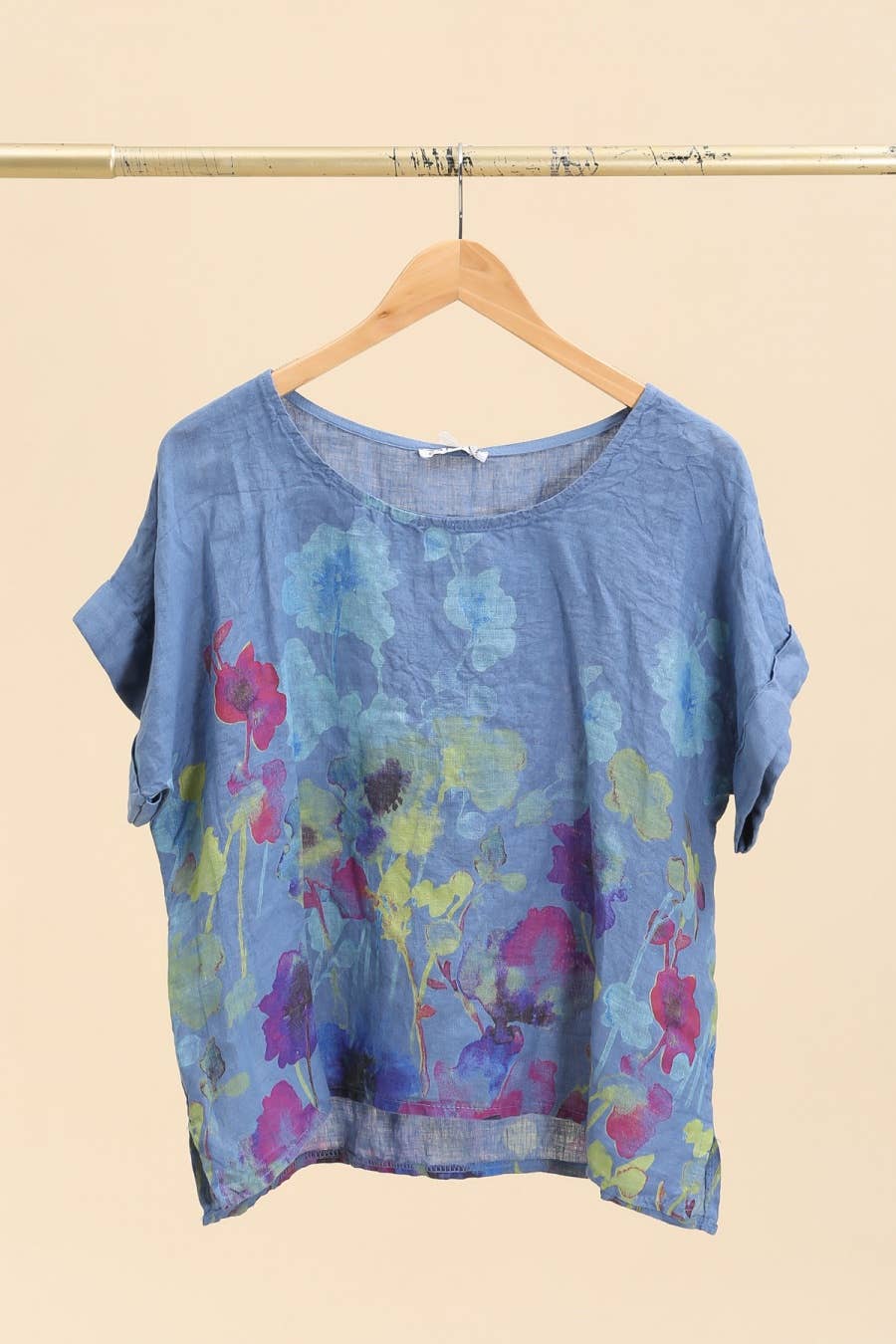Round neck printed linen T-shirt 23310 100% LINEN: Tobacco