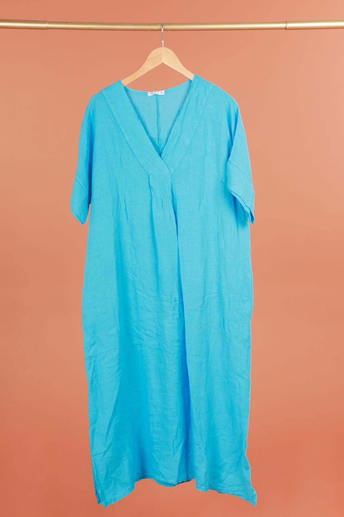 Long dress v-neck 62733 100% linen: Mustard