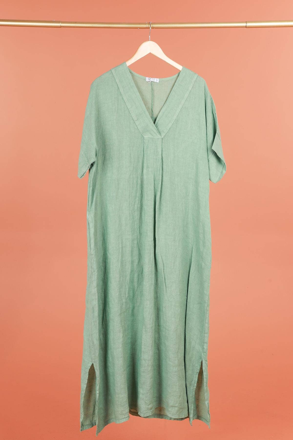 Long dress v-neck 62733 100% linen: Mustard