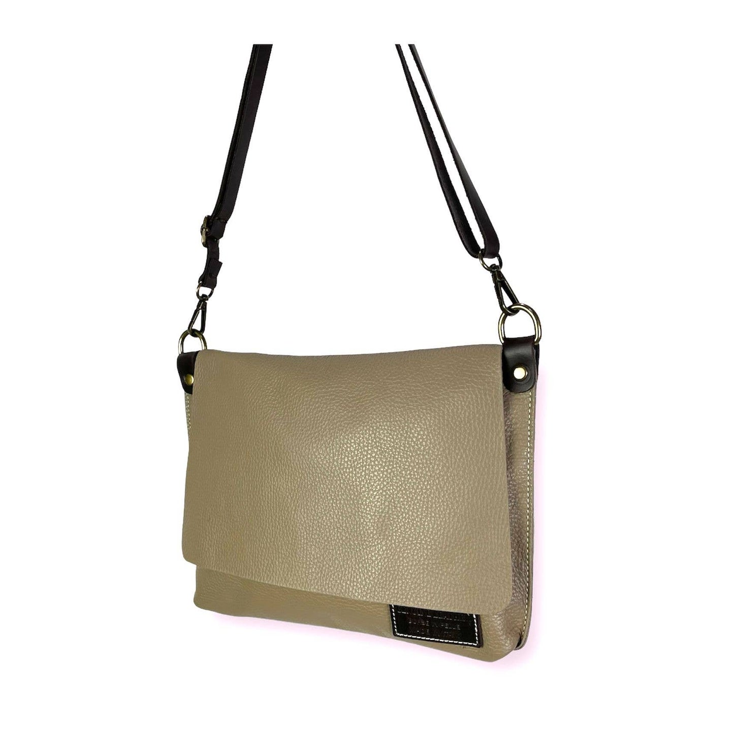 Made in Italy Genuine Leather College Shoulder Bag with Flap: Taupe