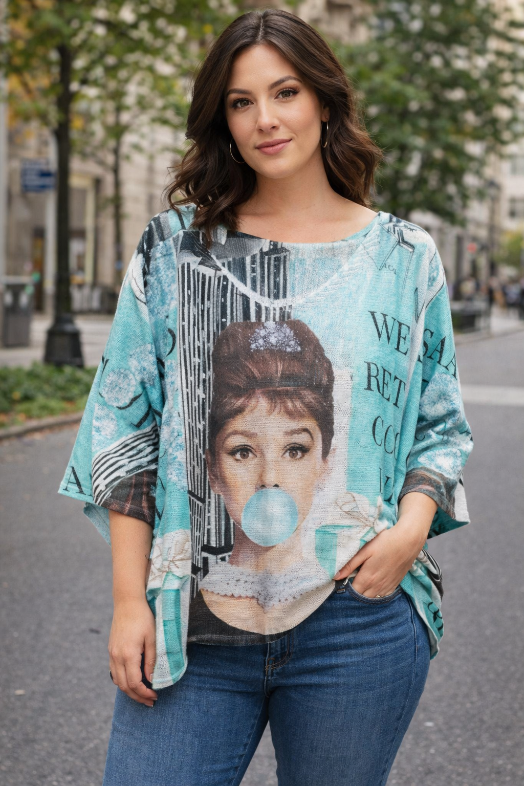Blue Bubble Gum V-Neck Knit Printed Sweater