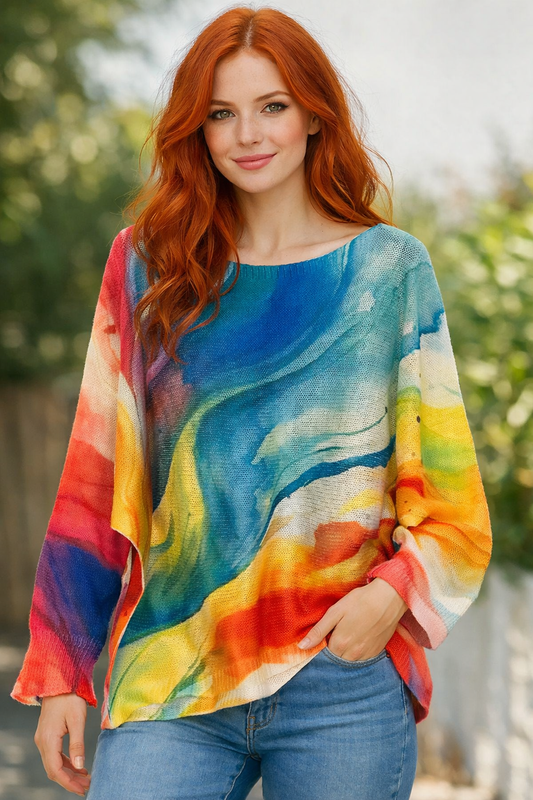 Rainbow Multicolor Round Knit Printed Sweater