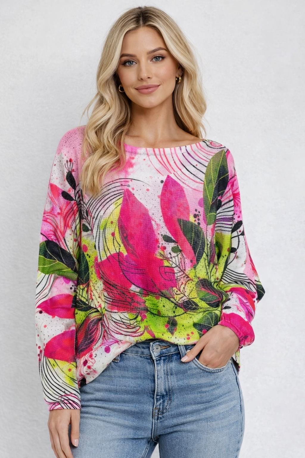 Fuchsia Leaves Round Knit Printed Sweater