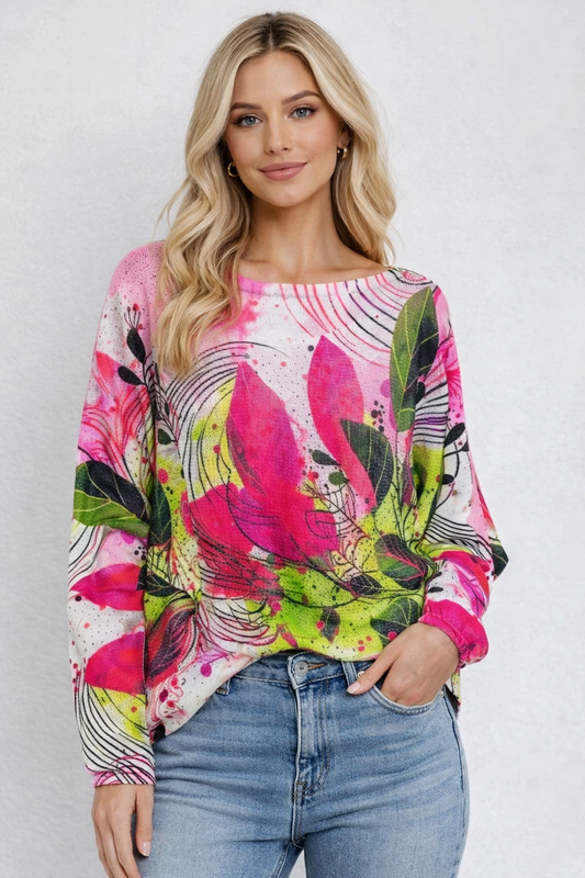 Fuchsia Leaves Round Knit Printed Sweater