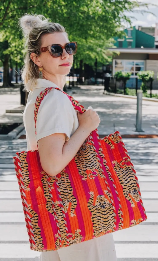 Quilted Tiger Print Tote Bag