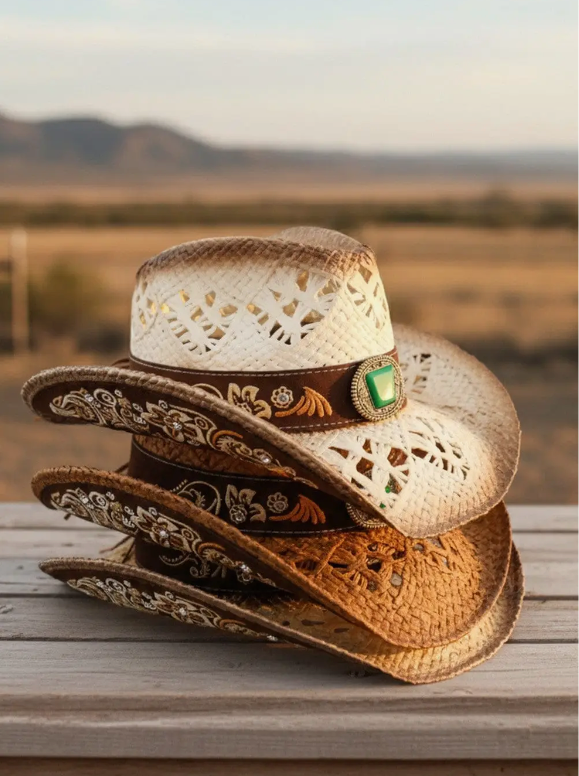 Vintage Western Cutout Straw Cowboy Hat Beige