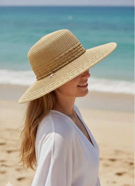 Wide Brim Straw hat with starfish sequin charm band.