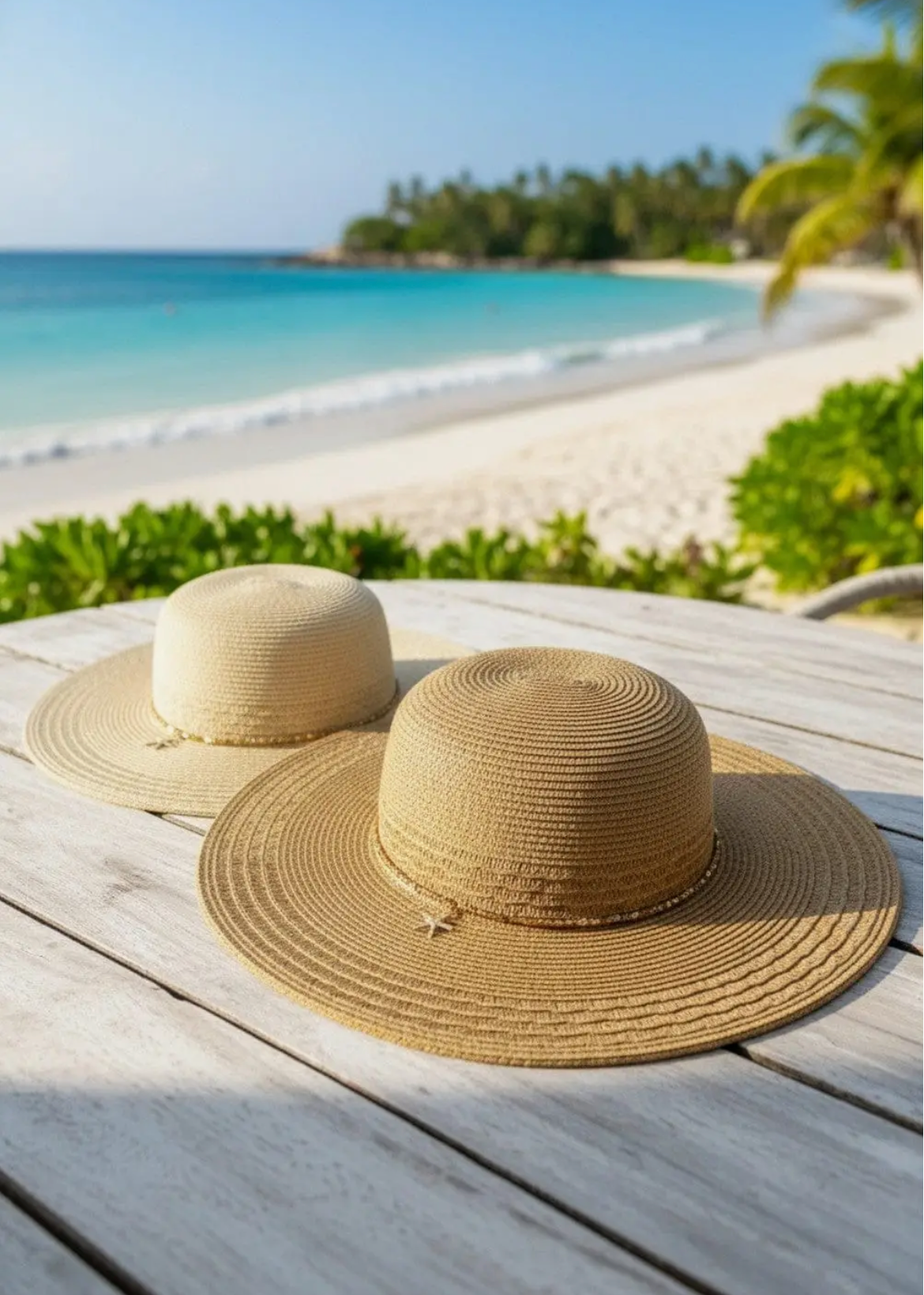 Wide Brim Straw hat with starfish sequin charm band.