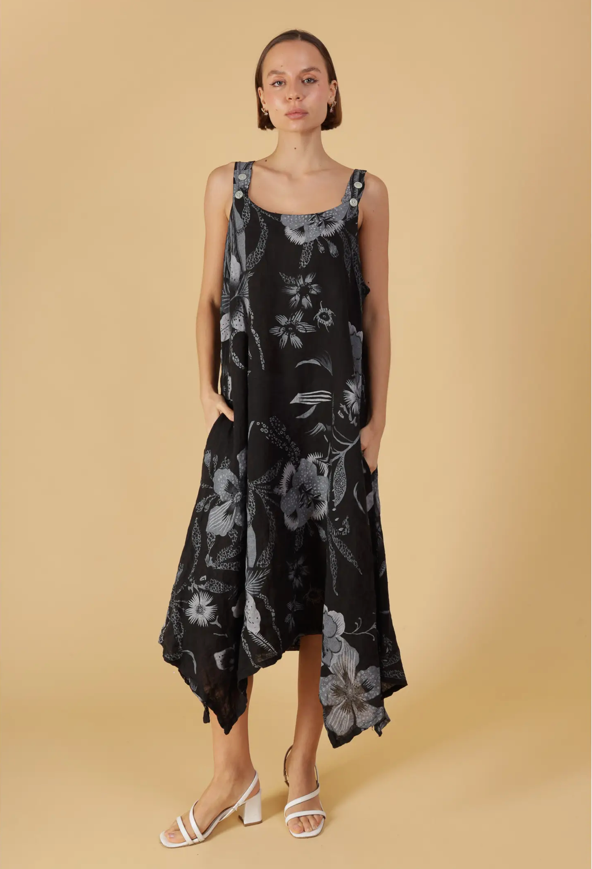 Black Flowy Dress with Wide Straps and Floral Print