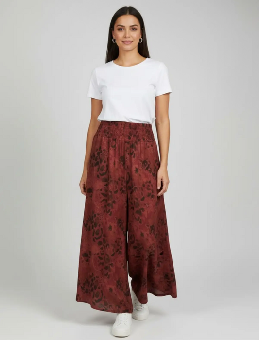 Burgundy  One Size Floaty Animal Print Wide Trouser