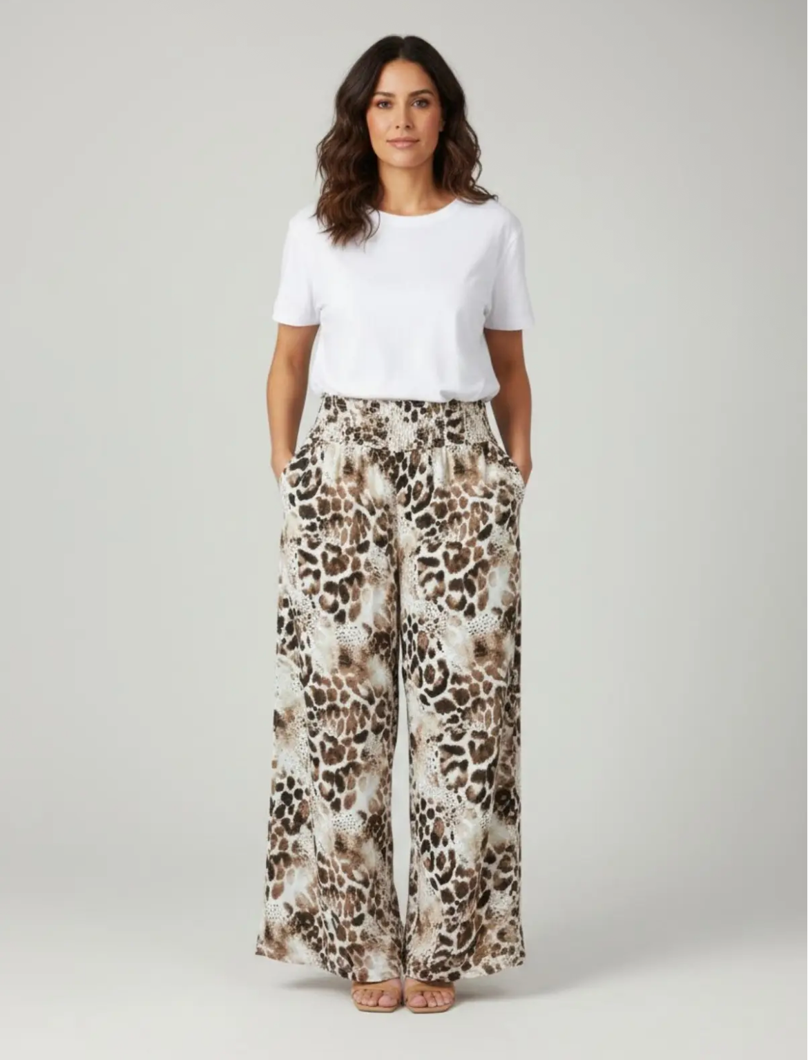 Beige One Size Floaty Animal Print Wide Trouser