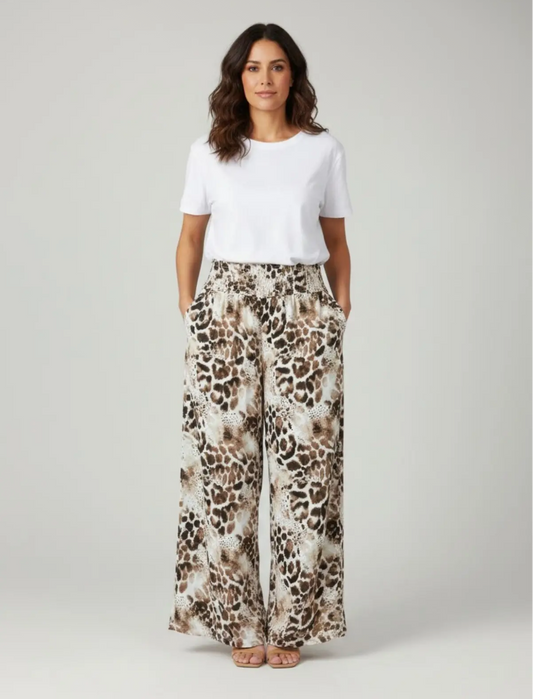 Beige One Size Floaty Animal Print Wide Trouser