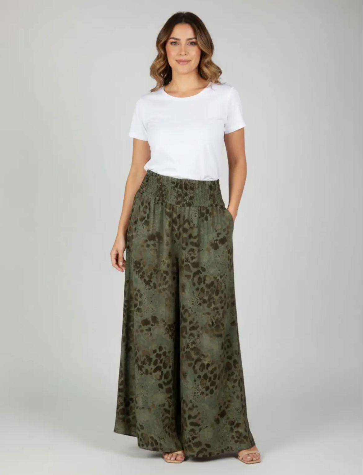 Khaki One Size Floaty Animal Print Wide Trouser