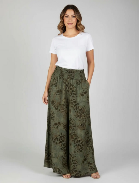 Khaki One Size Floaty Animal Print Wide Trouser